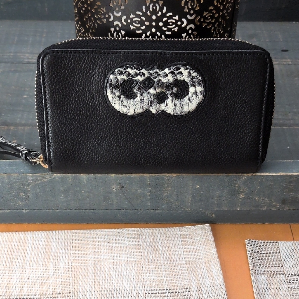 Cole Haan Black Wallet with Pebbled Leather and Snake Print Accent NWOT